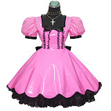 Pink Thin PVC Lockable Sissy Maid Dress – Crossdressing Costume with Black Lace [G414]