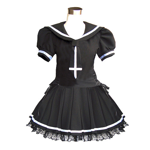 Black Cotton Gothic School Uniform Dress with Cross and Lace Trim [G339]