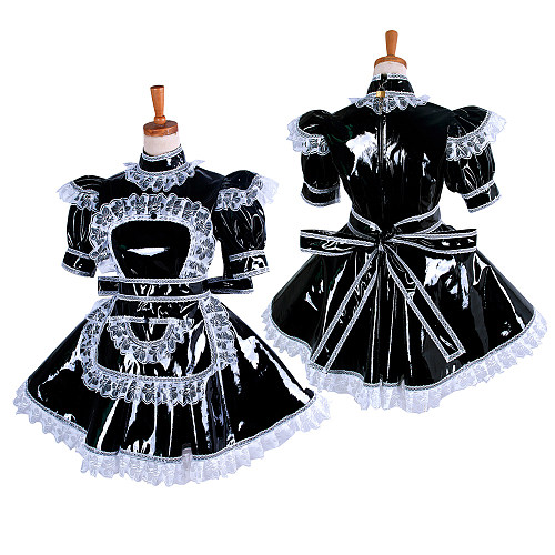 Shiny Black Heavy PVC Sissy Maid Dress with White Lace – Lockable [G350]