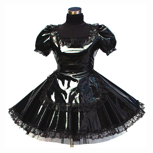 Black Thin PVC Lockable Sissy Maid Dress – Crossdressing Short Glossy Uniform [G448]