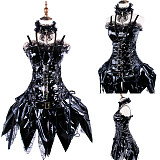 Gothic Thin PVC Corset Sissy Maid Dress with Buckles and Lace – Spiked Hem Black Outfit [G368]