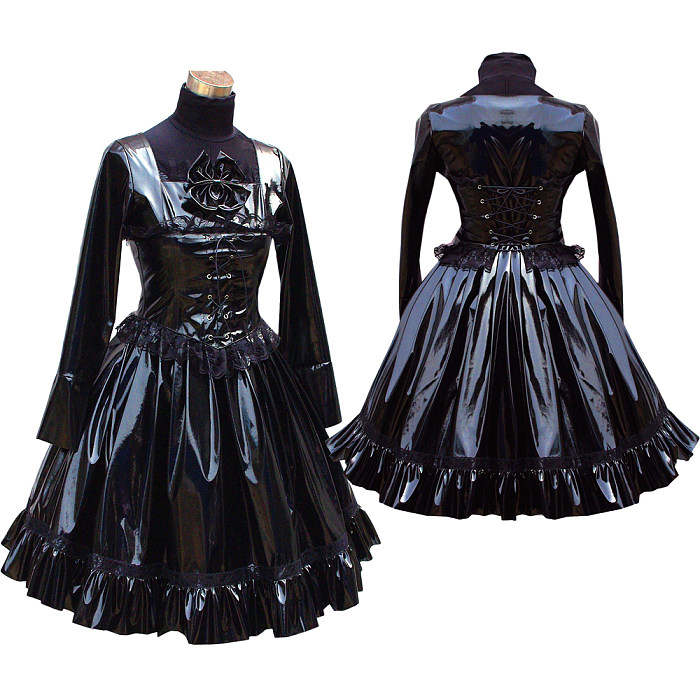 Black Thin PVC Lockable Gothic Sissy Maid Dress  Crossdressing Corset  Skirt Outfit [G447]