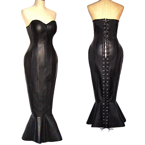 Black Sissy Maid Faux Leather Corset O Dress – Mermaid Hem Gown [G337]