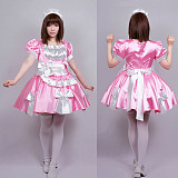 Pink Satin Sissy Maid Dress with White Apron and Decorative Bows – Lockable [G363]
