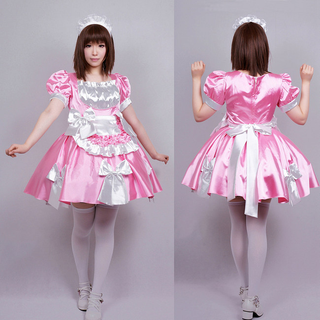 Pink Satin Sissy Maid Dress with White Apron and Decorative Bows – Lockable [G363]