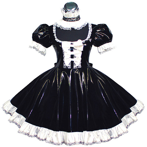 Black Heavy PVC Sissy Maid Dress with White Ruffles – Lockable [G369]