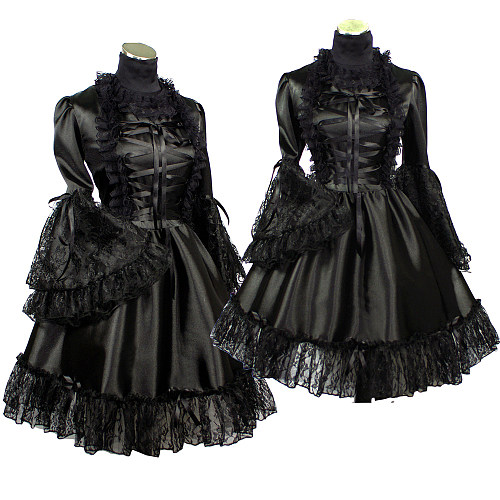 Black Satin Lockable Sissy Maid Dress with Lace Bell Sleeves – Crossdressing Gothic Costume [G402]