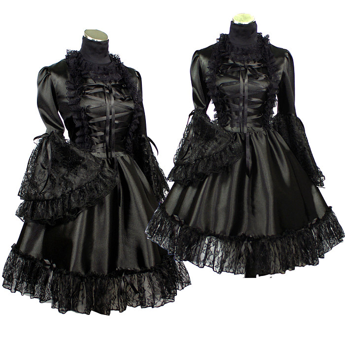 Black Satin Lockable Sissy Maid Dress with Lace Bell Sleeves   Crossdressing Gothic Costume [G402]