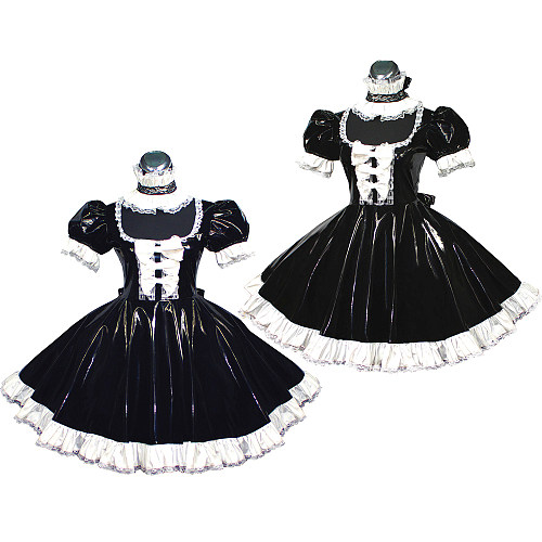 Black Heavy PVC Sissy Maid Dress with White Ruffles – Lockable [G369]