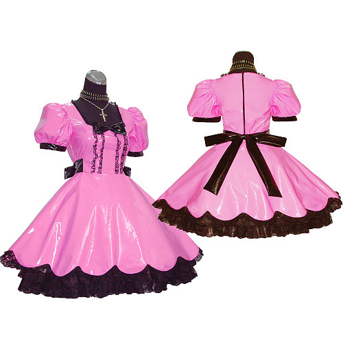 Pink Thin PVC Lockable Sissy Maid Dress – Crossdressing Costume with Black Lace [G414]