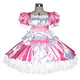 Pink Satin Sissy Maid Dress with White Apron and Decorative Bows – Lockable [G363]