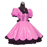 Pink Thin PVC Lockable Sissy Maid Dress – Crossdressing Costume with Black Lace [G414]