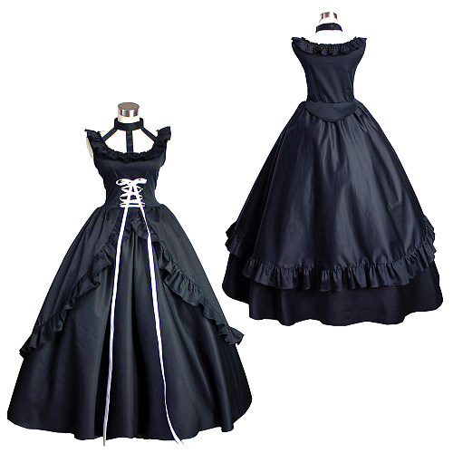 Black Taffeta Ruffled Victorian Medieval Gown – Crossdressing Evening Dress [G427]