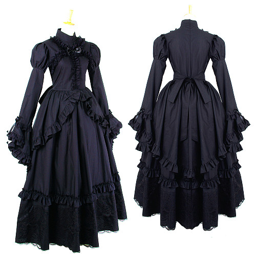 Black Cotton Lockable Victorian Sissy Maid Dress – Crossdressing Long Sleeve Gown [G435]