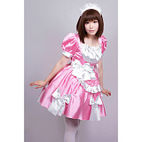 Pink Satin Sissy Maid Dress with White Apron and Decorative Bows – Lockable [G363]