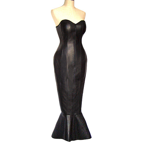 Black Sissy Maid Faux Leather Corset O Dress – Mermaid Hem Gown [G337]