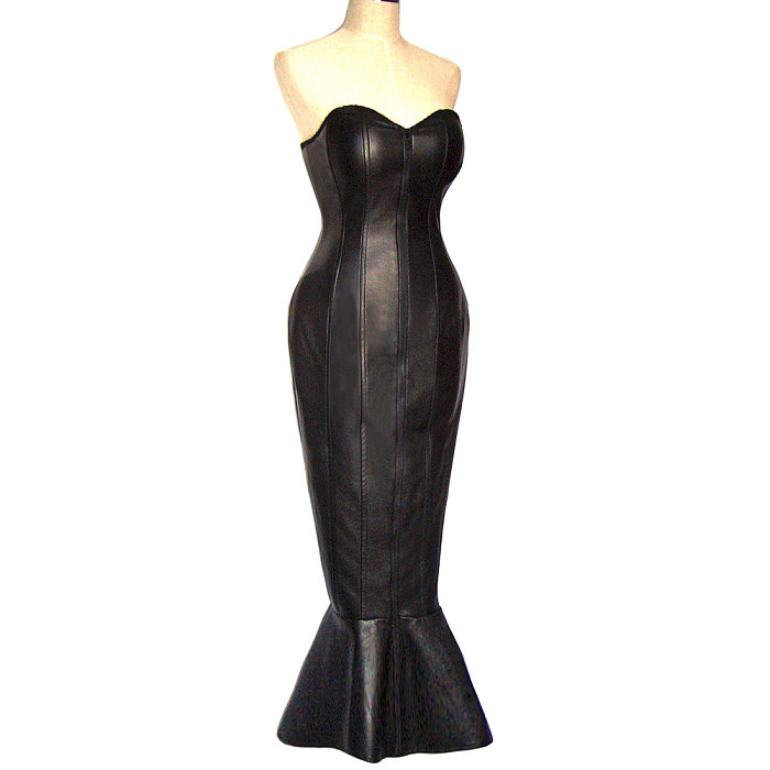 Black Sissy Maid Faux Leather O Dress  Mermaid Silhouette Corset Gown  [G337]