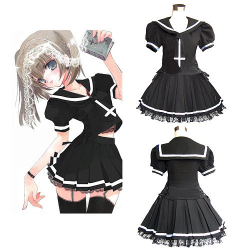 Black Cotton Gothic School Uniform Dress with Cross and Lace Trim [G339]