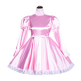 Pink Satin High-Neck Long Sleeve Sissy Maid Dress – Lockable [G373]