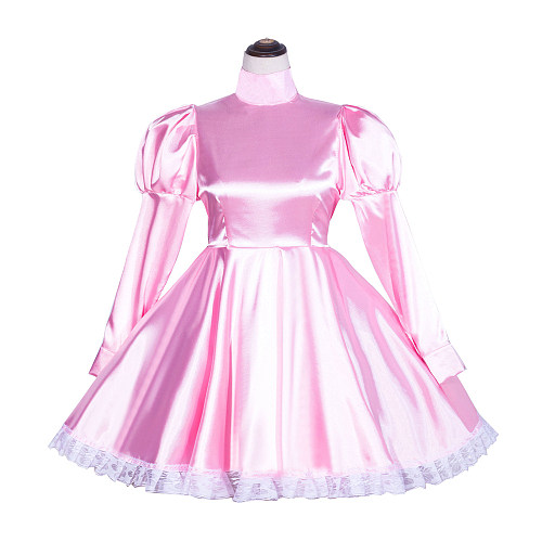 Pink Satin High-Neck Long Sleeve Sissy Maid Dress – Lockable [G373]