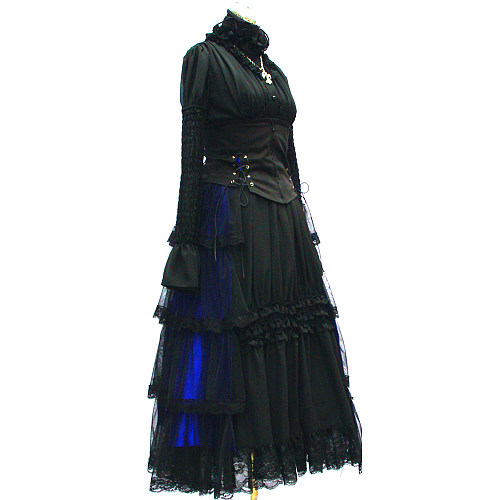 Handmade Gothic Visual Kei Black & Blue Cotton Long Dress [G452]