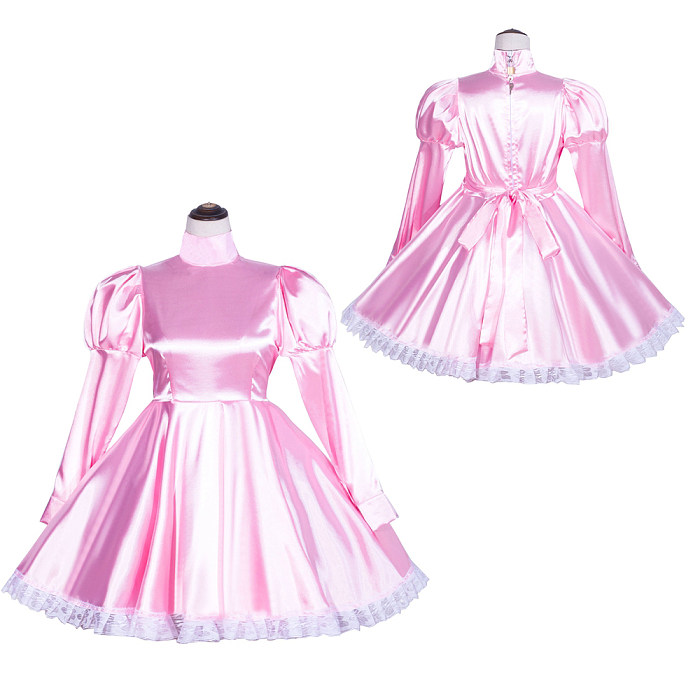 US$ 98.10 - Pink Satin High-Neck Long Sleeve Sissy Maid Dress  Lockable  [G373] - www.fondcosplay.com