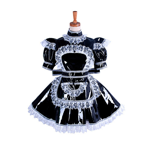Shiny Black Heavy PVC Sissy Maid Dress with White Lace – Lockable [G350]