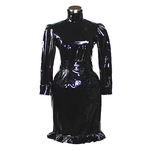 Black Heavy PVC Lockable Sissy Maid Top and Skirt Set for Crossdressing [G387]