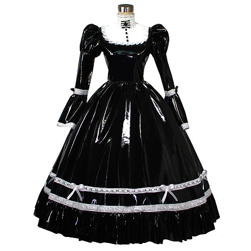 Black Thin PVC Lockable Sissy Maid Long Dress – Crossdressing Glossy Gown with White Lace [G416]