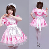 Pink Satin Sissy Maid Dress with White Lace and Apron – Lockable [G358]