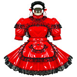 Red Thin PVC Lockable Sissy Maid Dress with Black Lace Apron and Headpiece – Crossdressing Glossy Uniform [G432]