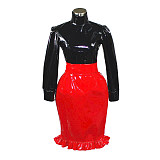 Red & Black Heavy PVC Lockable Sissy Maid Top and Skirt Set for Crossdressing [G388]