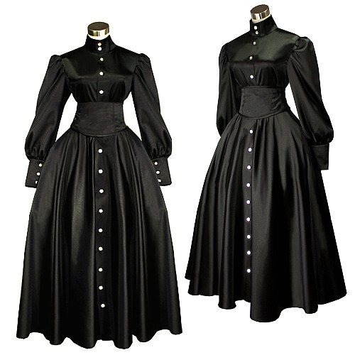 Black Satin Victorian Sissy Maid Dress – Crossdressing High Neck Buttoned Gown [G445]