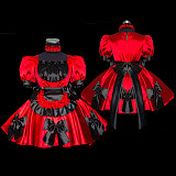 Red and Black Satin Lockable Sissy Maid Dress – Crossdressing Bow Apron Uniform [G463]