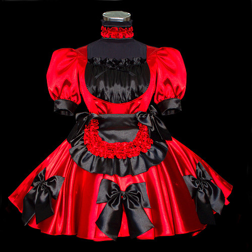 Red and Black Satin Lockable Sissy Maid Dress – Crossdressing Bow Apron Uniform [G463]