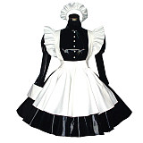 Black and White Heavy PVC Lockable Sissy Maid Dress – Crossdressing Glossy Uniform with Apron [G473]