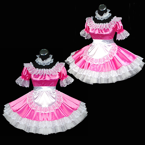 Pink Satin Lockable Sissy Maid Dress with White Lace – Crossdressing Sweet Lolita Uniform [G469]