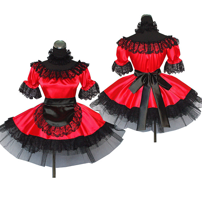 Red Satin Lockable Sissy Maid Dress with Black Lace Ruffles – Crossdressing Party Uniform [G467]