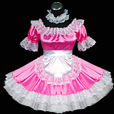 Pink Satin Lockable Sissy Maid Dress with White Lace – Crossdressing Sweet Lolita Uniform [G469]