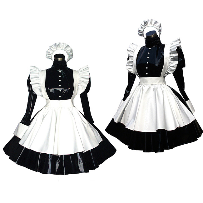 Black and White Heavy PVC Lockable Sissy Maid Dress – Crossdressing Glossy Uniform with Apron [G473]