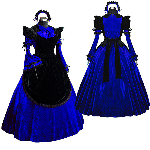 Royal Blue and Black Velvet Lockable Sissy Maid Crossdressing Gown [G521]