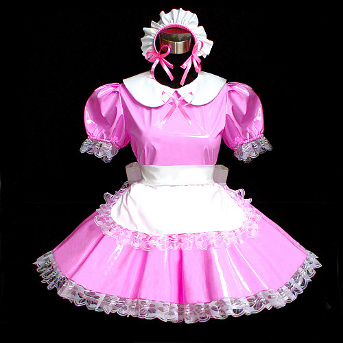 Pink and White Thin PVC Sissy Maid Dress with Apron and Headpiece – Lockable Crossdressing Outfit [G495]