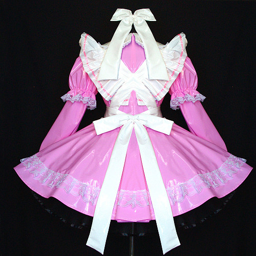 Pink and White Thin PVC Lockable Sissy Maid Crossdressing Dress [G507]