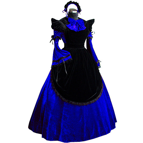 Royal Blue and Black Velvet Lockable Sissy Maid Crossdressing Gown [G521]