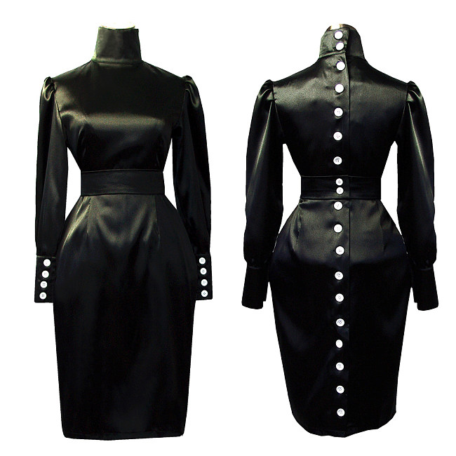 Black Satin High Neck Sissy Maid Crossdressing Dress [G500]