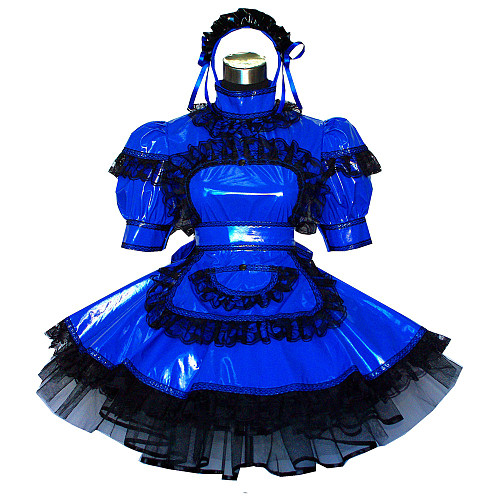 Shiny Blue Thin PVC Sissy Maid Dress – Lockable Crossdressing Outfit with Lace [G488]