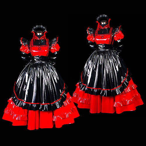Red and Black Thin PVC Lockable Sissy Maid Long Dress – Crossdressing Tiered Glossy Uniform [G476]