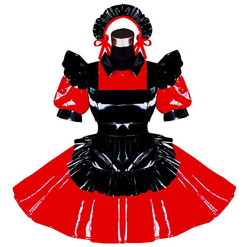 Red and Black Thin PVC Sissy Maid Dress – Lockable Crossdressing Outfit [G492]