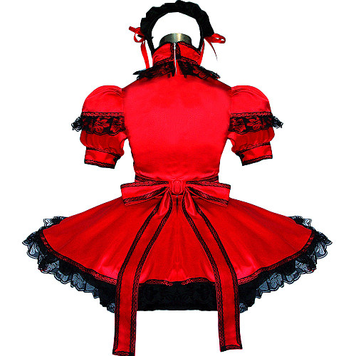 Red Satin Lockable Sissy Maid Crossdressing Dress with Black Lace [G508]