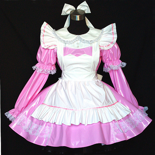Pink and White Thin PVC Lockable Sissy Maid Crossdressing Dress [G507]